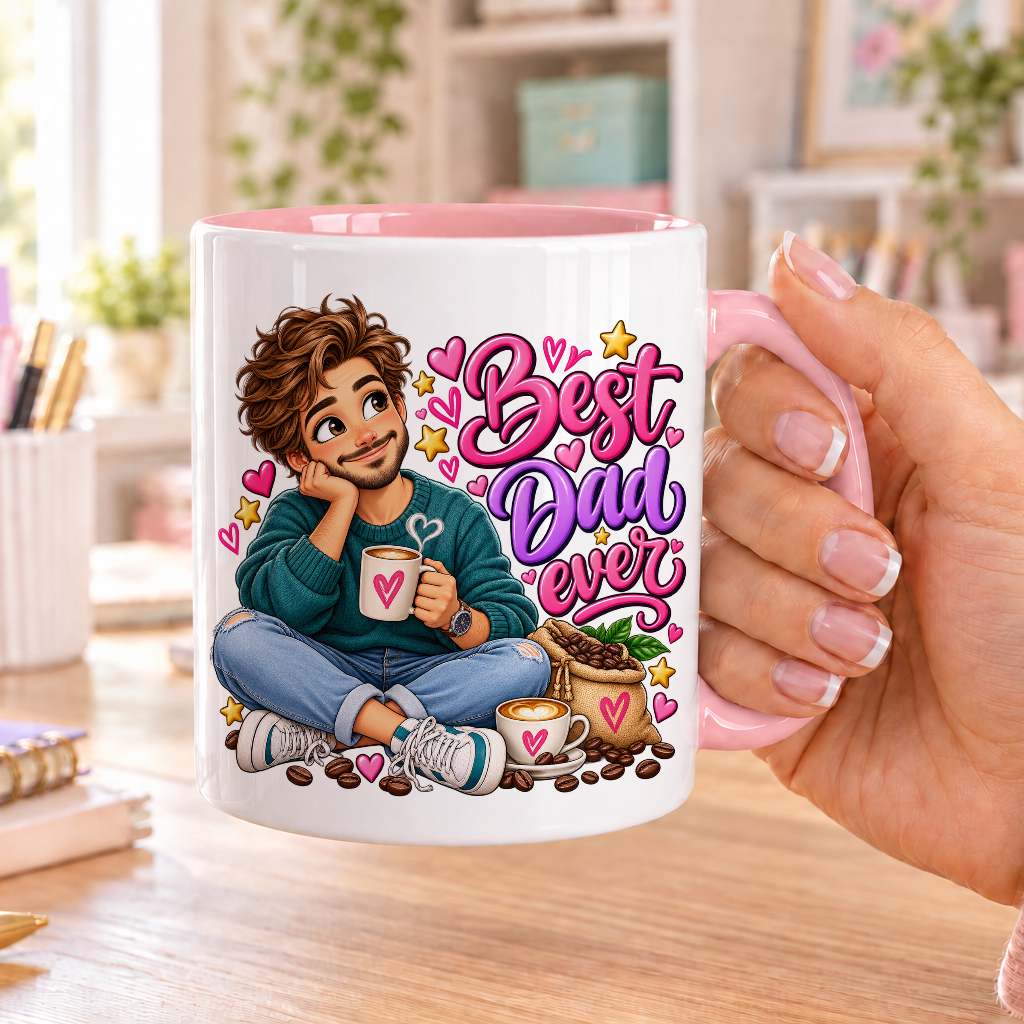 Best Dad Ever design – white ceramic mug with pink handle and pink inside