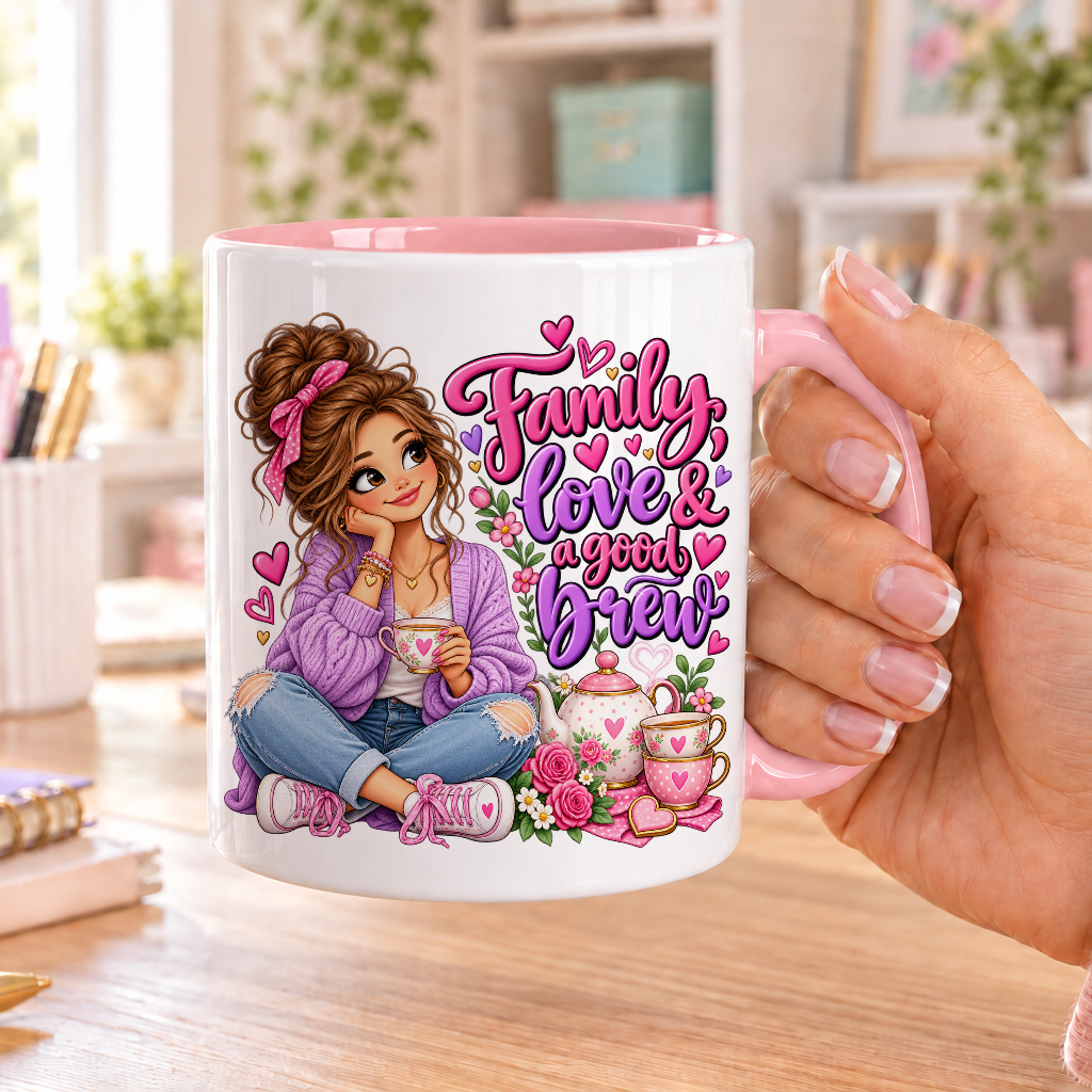 Family Love and a Good Brew design – white ceramic mug with pink handle and pink inside