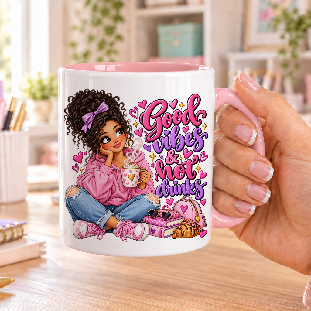 Good Vibes and Hot Drinks design – white ceramic mug with pink handle and pink inside