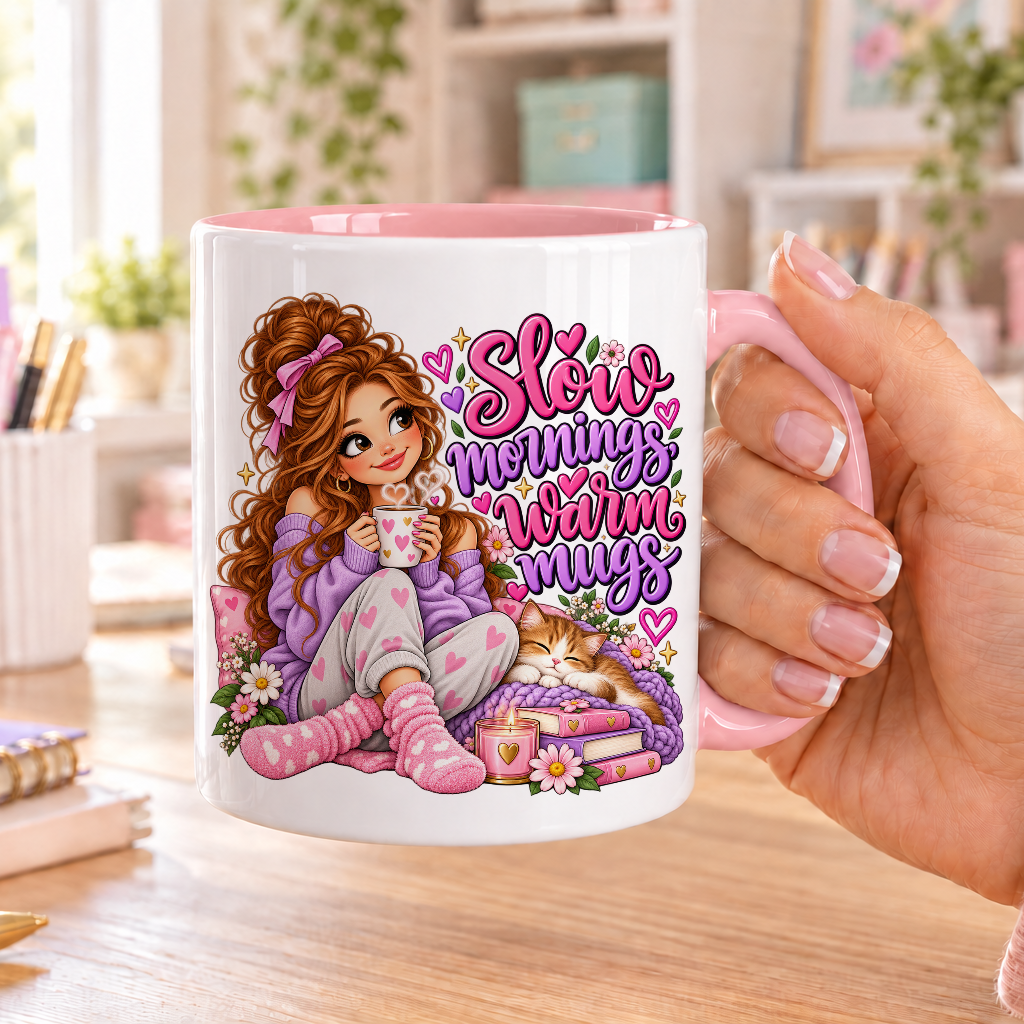 Slow Mornings Warm Mugs design – white ceramic mug with pink handle and pink inside