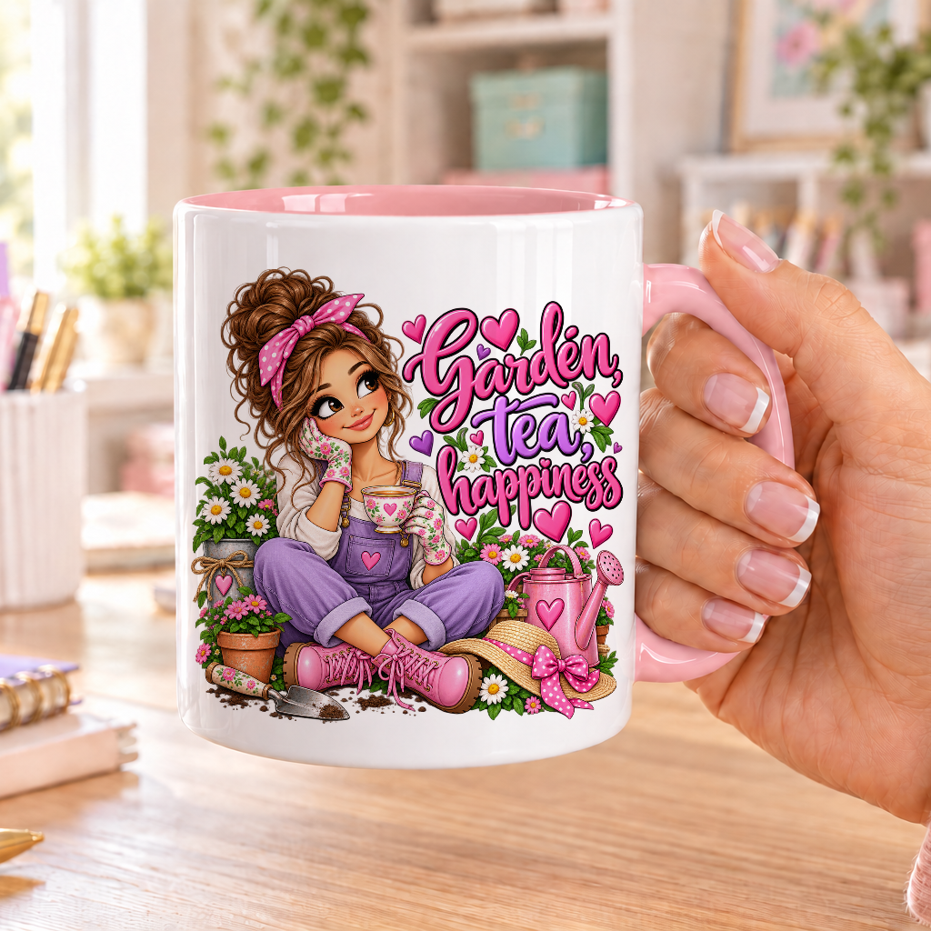 Garden Tea Happiness design – white ceramic mug with pink handle and pink inside