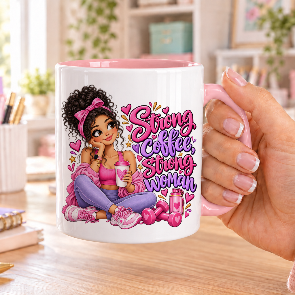 Strong Coffee Strong Woman design – white ceramic mug with pink handle and pink inside