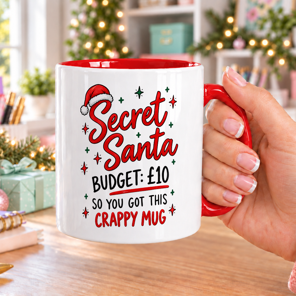 Secret Santa £10 Budget Crappy Mug – Festive Lettering – white mug with red handle and inside