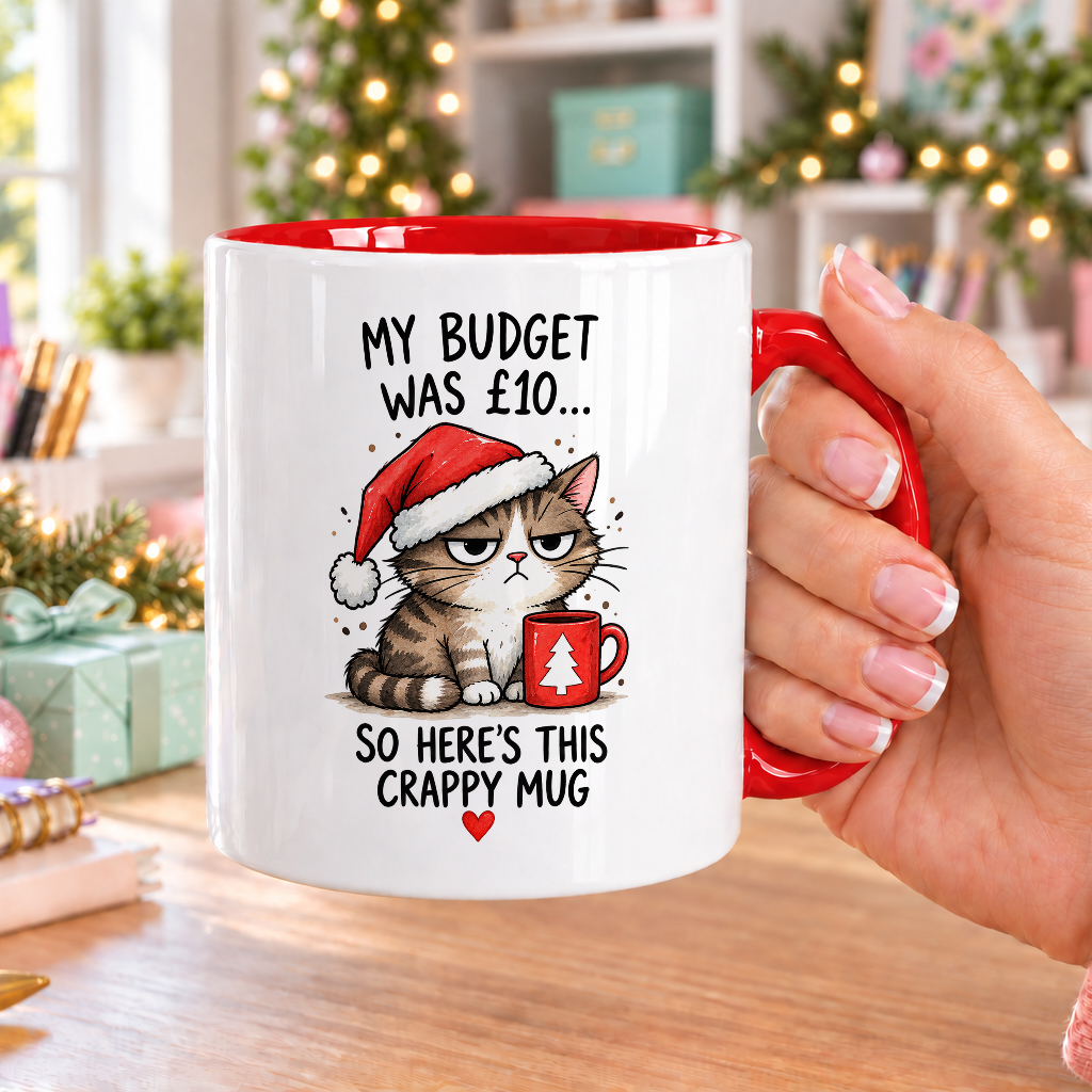 Grumpy Tabby Cat Secret Santa Mug – My Budget Was £10 – white mug with red handle and inside
