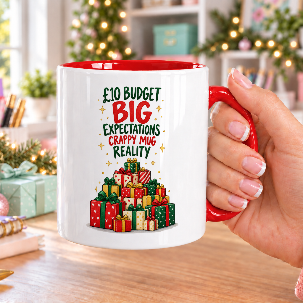 £10 Budget Big Expectations Mug – Crappy Mug Reality – white mug with red handle and inside