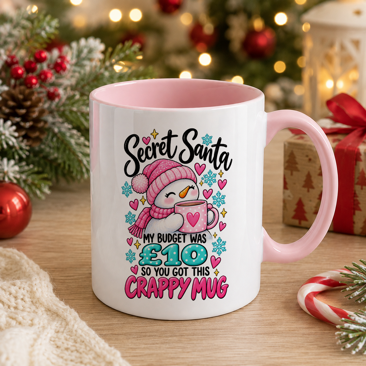 Snowman Secret Santa Crappy Mug – £10 Budget – white mug with pink handle and inside