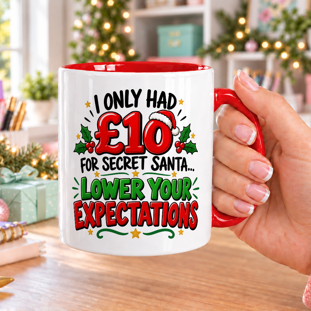 Secret Santa Mug – Lower Your Expectations – white mug with red handle and inside