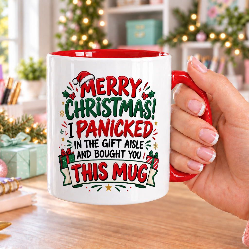 Secret Santa Mug – I Panicked in the Gift Aisle – white mug with red handle and inside