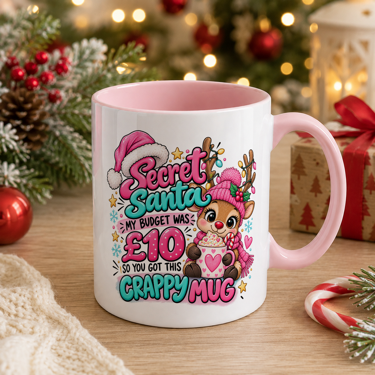 Cute Reindeer Secret Santa Crappy Mug – £10 Budget – white mug with pink handle and inside