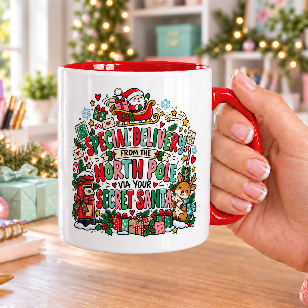 Special Delivery from the North Pole Secret Santa Mug – white mug with red handle and inside