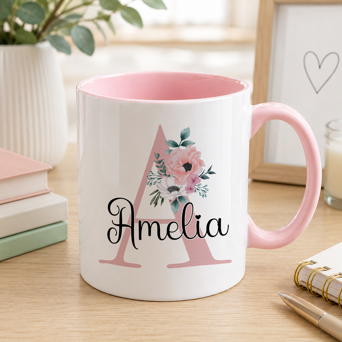 Personalised name mug with a pink floral initial monogram design