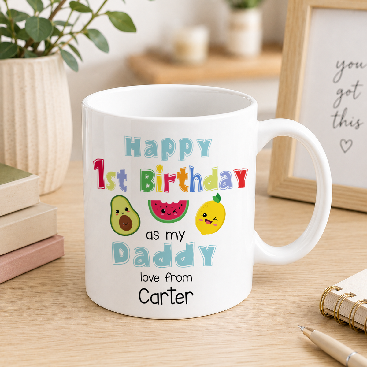 Personalised 1st Birthday as Daddy mug with a fun dancing fruit character design and custom name