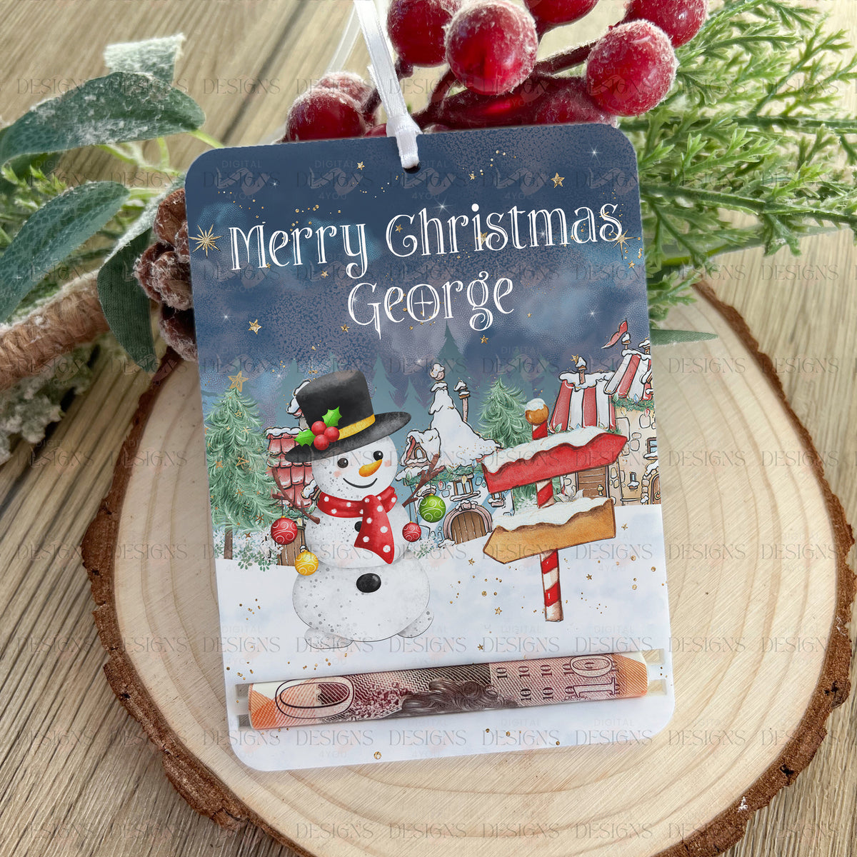 Personalised acrylic snowman money holder Christmas tree decoration with custom name