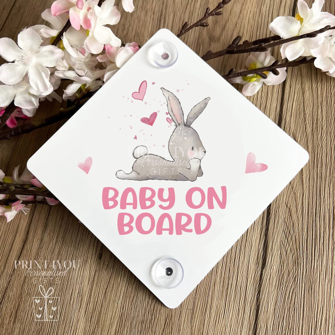 Bunny rabbit and hearts Baby on Board aluminium car window sign fitted with suction cups