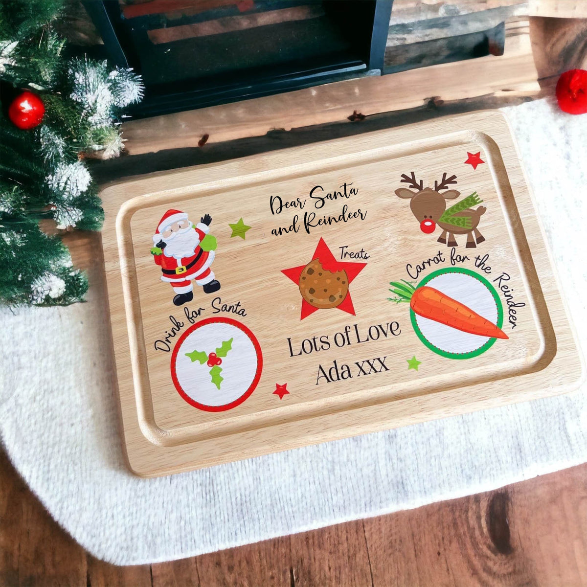 Personalised Santa treat wooden board shown on a table ready for Christmas Eve