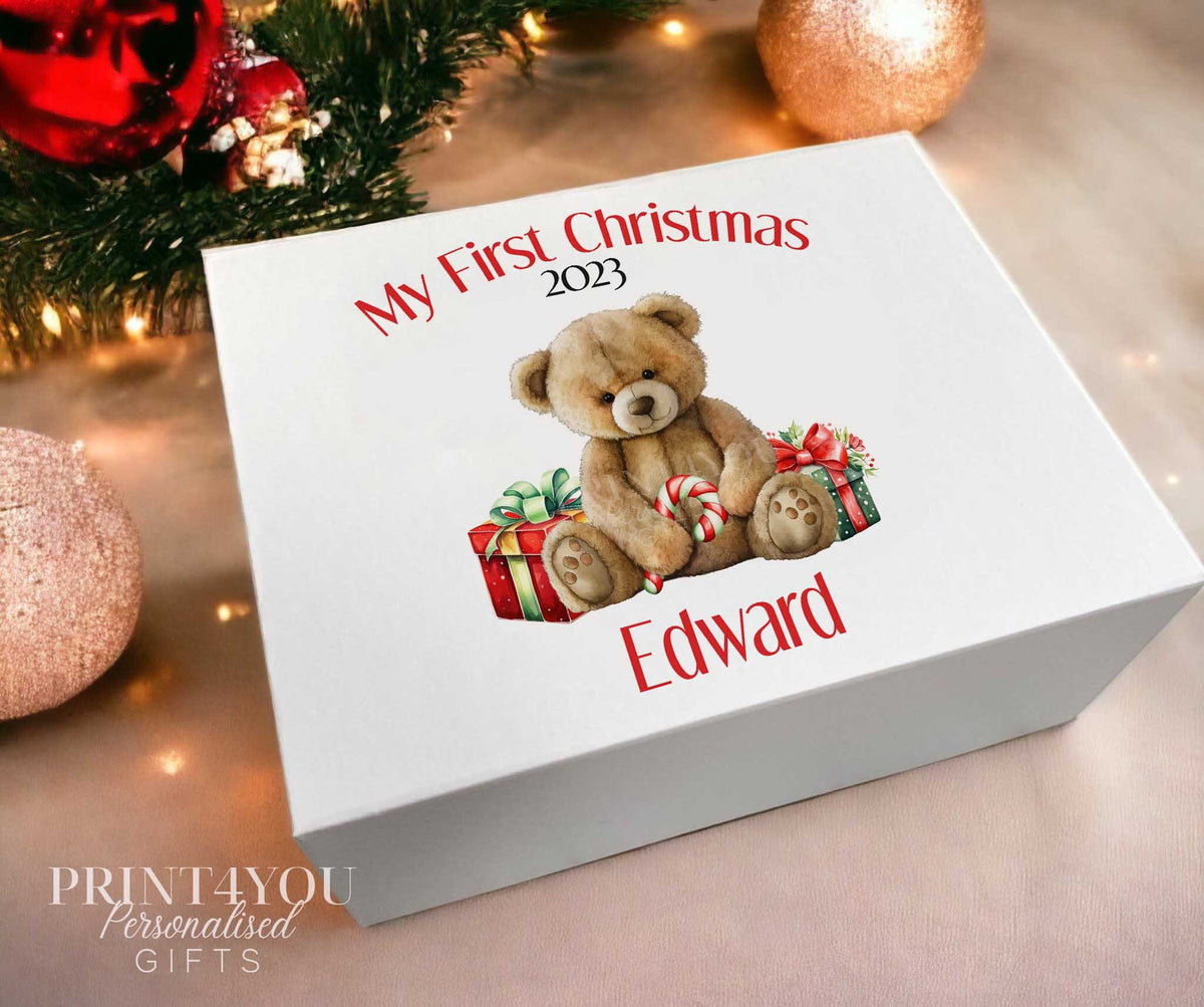 White magnetic-close keepsake gift box personalised with a name, printed with a teddy bear Christmas design