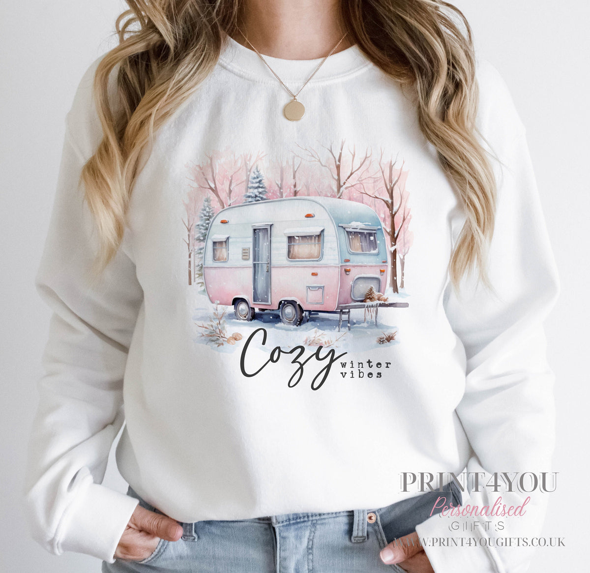 Ladies white Christmas jumper with Cozy Winter Vibes caravan design, size 8.