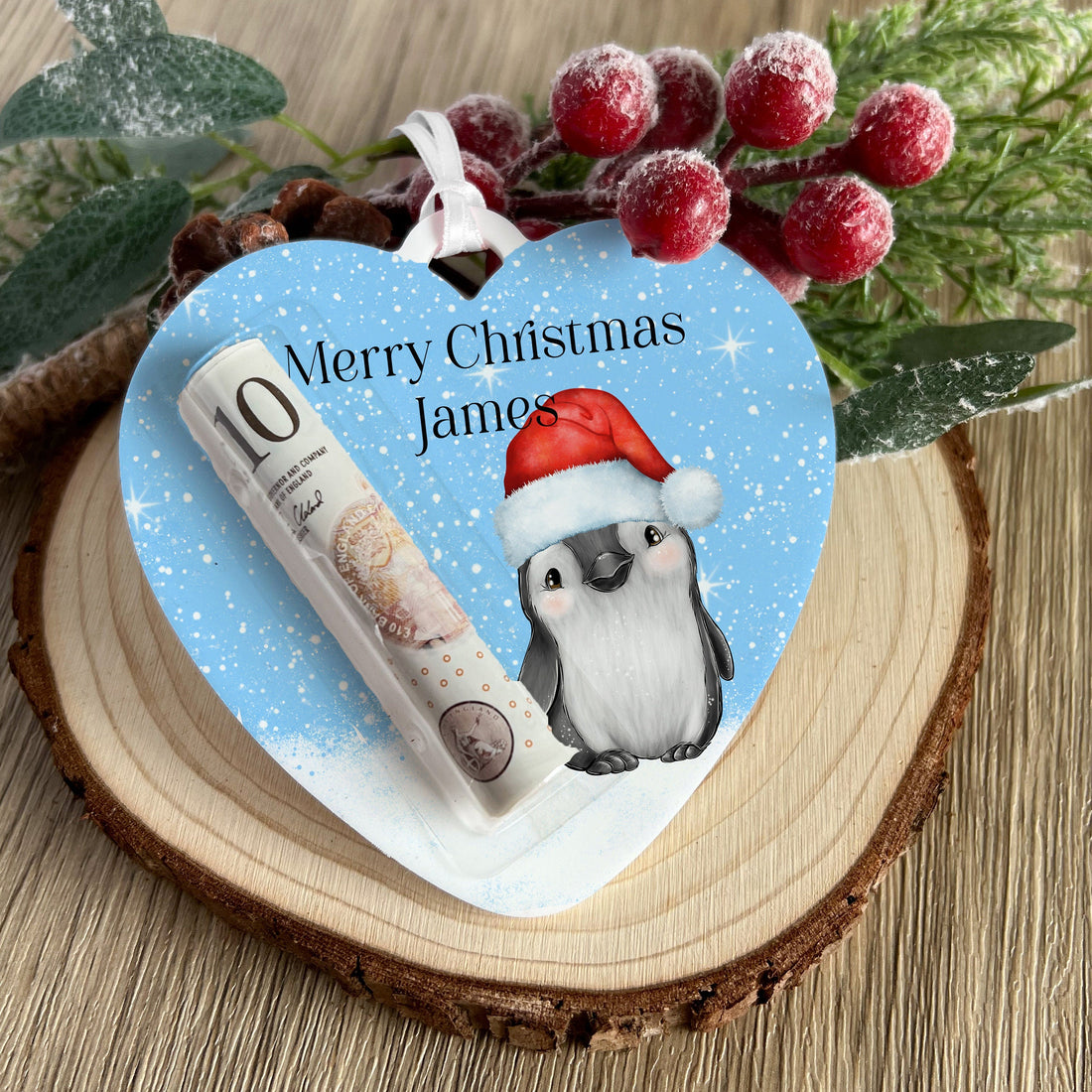 Personalised penguin heart Christmas money holder