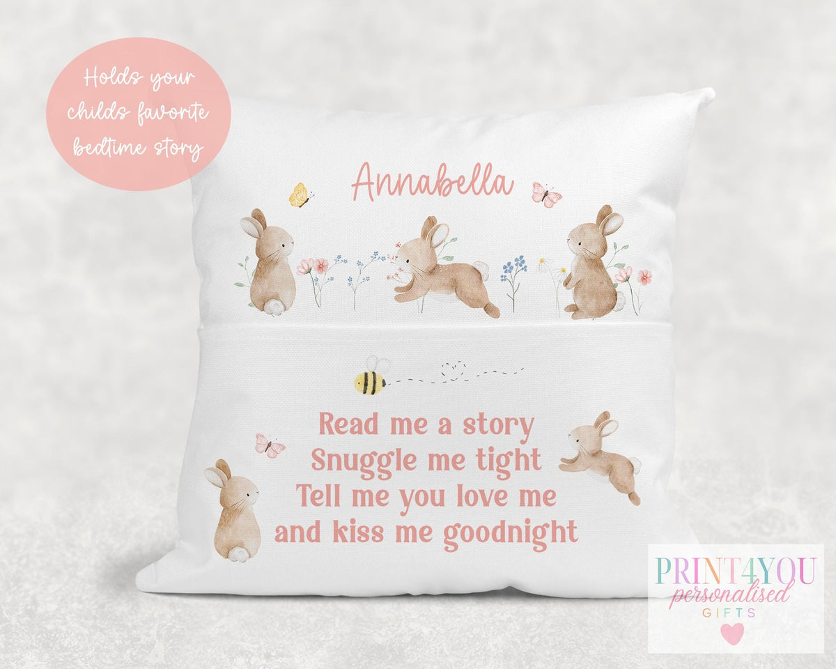 Personalised bunny book cushion in a child's reading nook