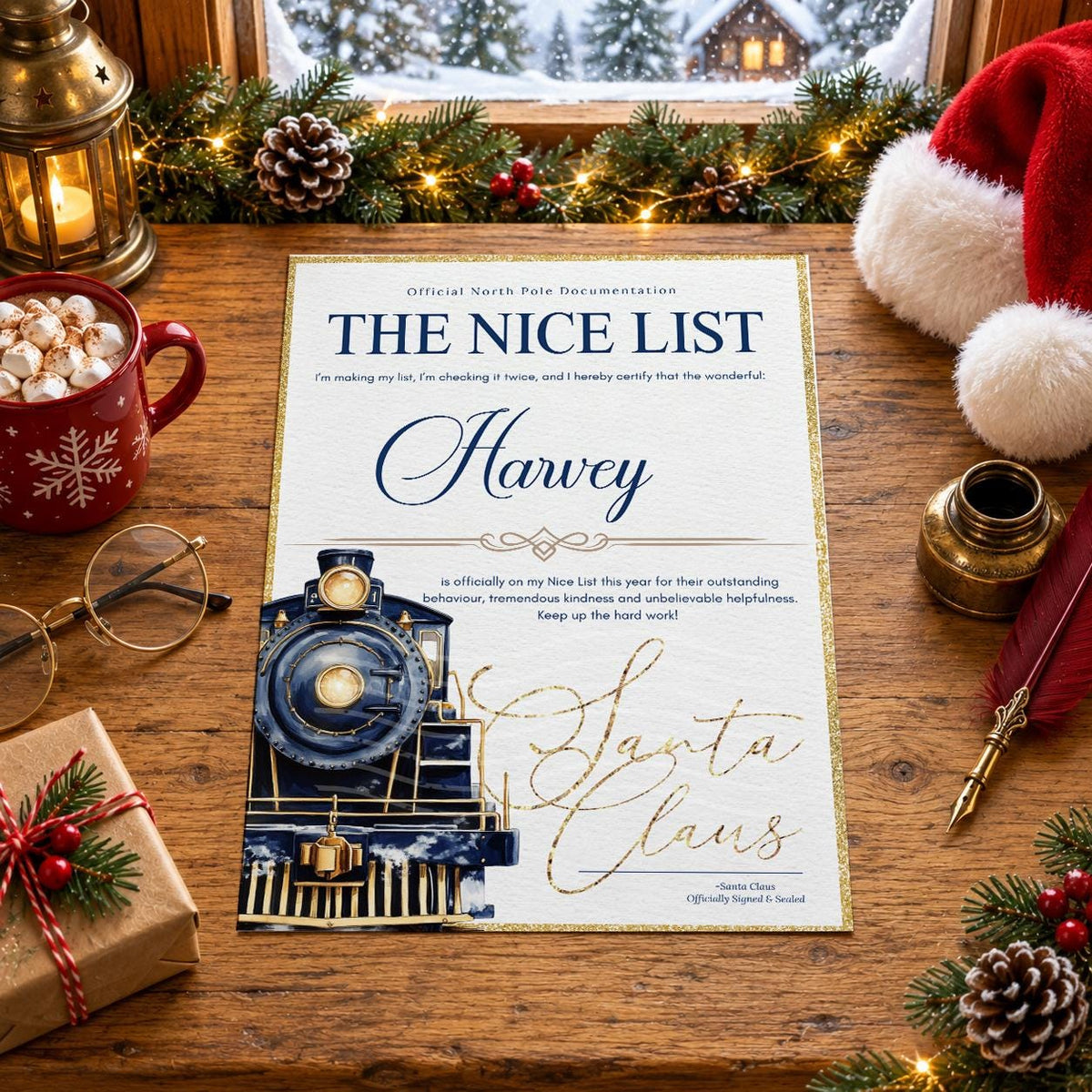 Personalised Nice List certificate with a navy steam train and gold Santa Claus signature, shown on a festive table