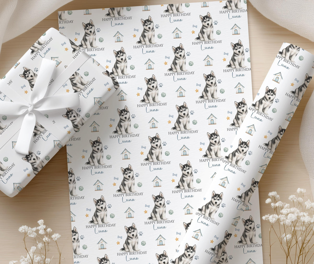 Personalised Husky wrapping paper shown wrapped around a gift box to demonstrate the finished look.