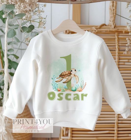Personalised turtle first birthday sweatshirt in size 6-12 months with baby name printed under the sea design