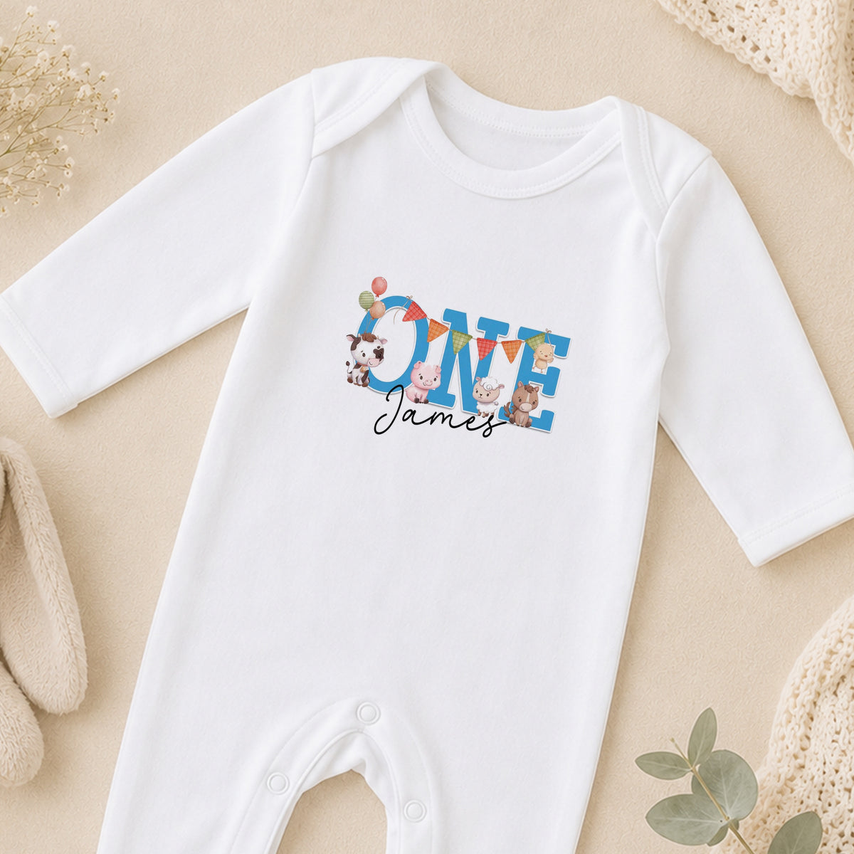 Personalised Farmyard First Birthday sleepsuit