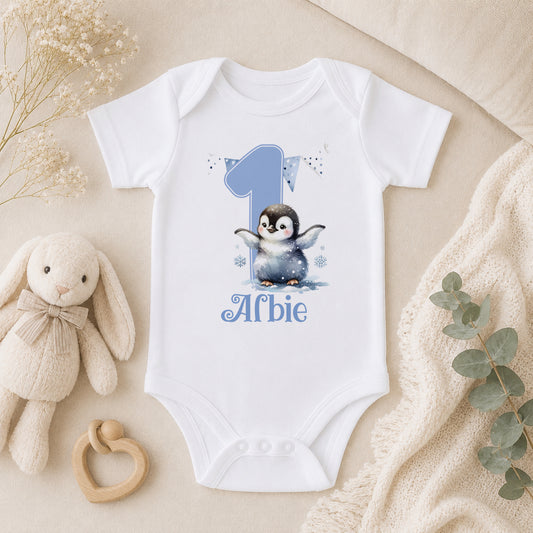 Personalised Penguin First Birthday baby vest