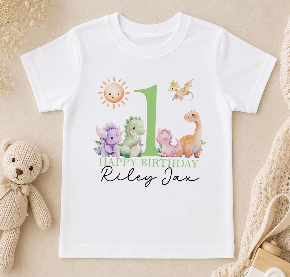 Personalised dinosaur first birthday t-shirt with Happy Birthday Riley Jax
