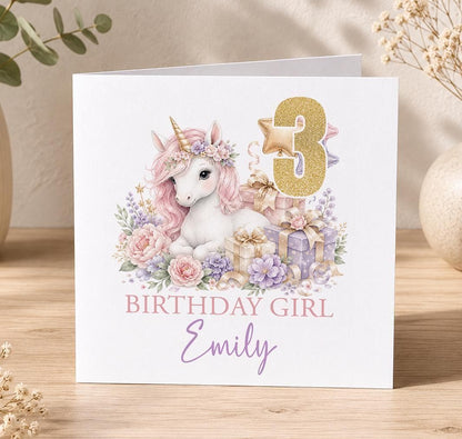 Personalised floral unicorn birthday card – unicorn with pink flowers and a gold 3, Birthday Girl Emily