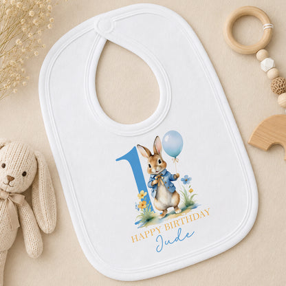 Personalised Blue Rabbit Happy Birthday Baby bib