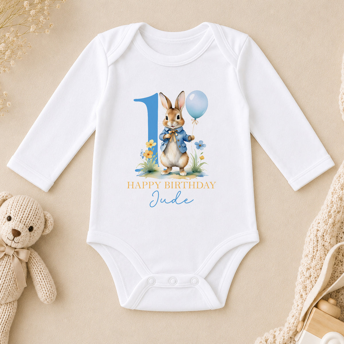 Personalised Blue Rabbit Happy Birthday Baby long sleeve vest
