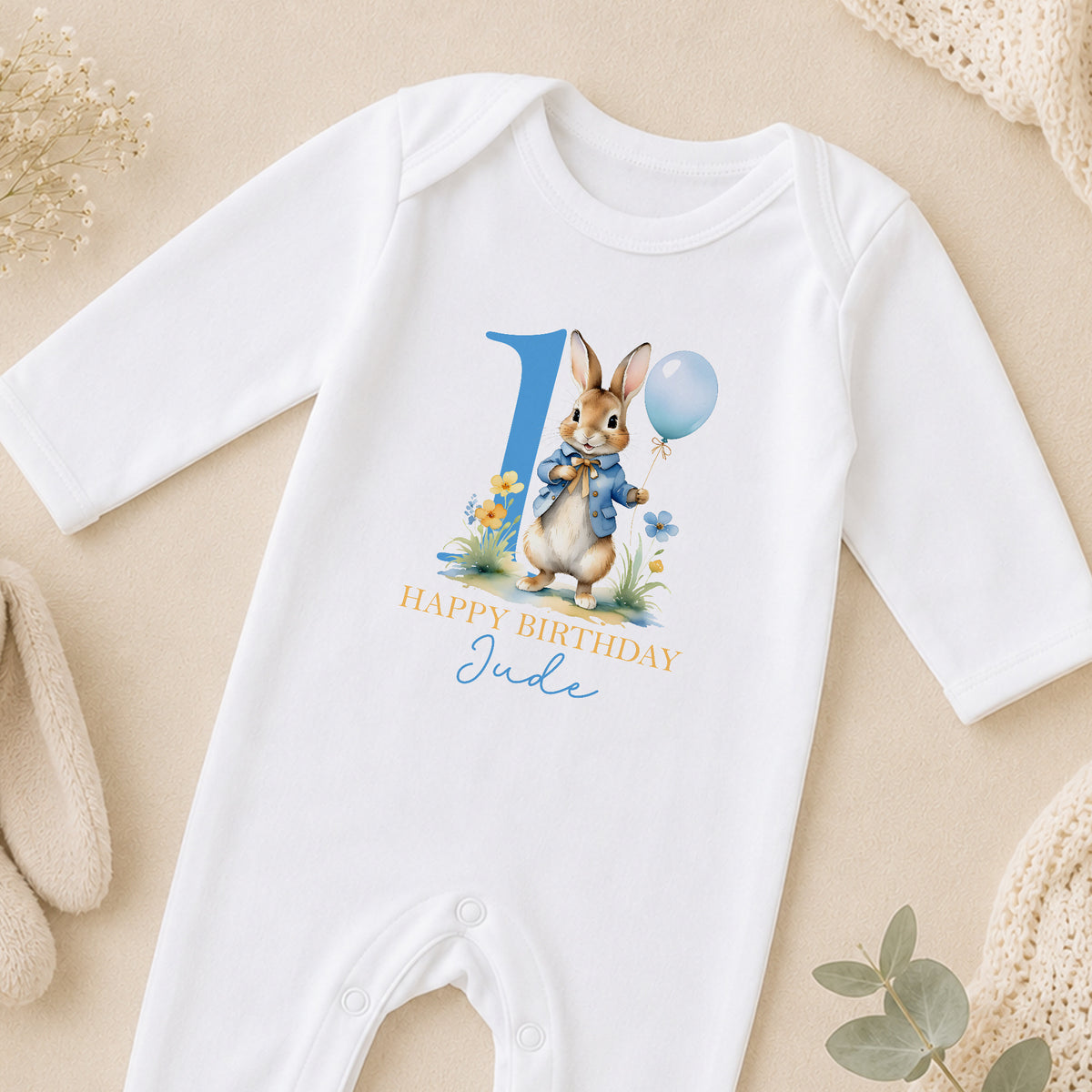 Personalised Blue Rabbit Happy Birthday Baby sleepsuit