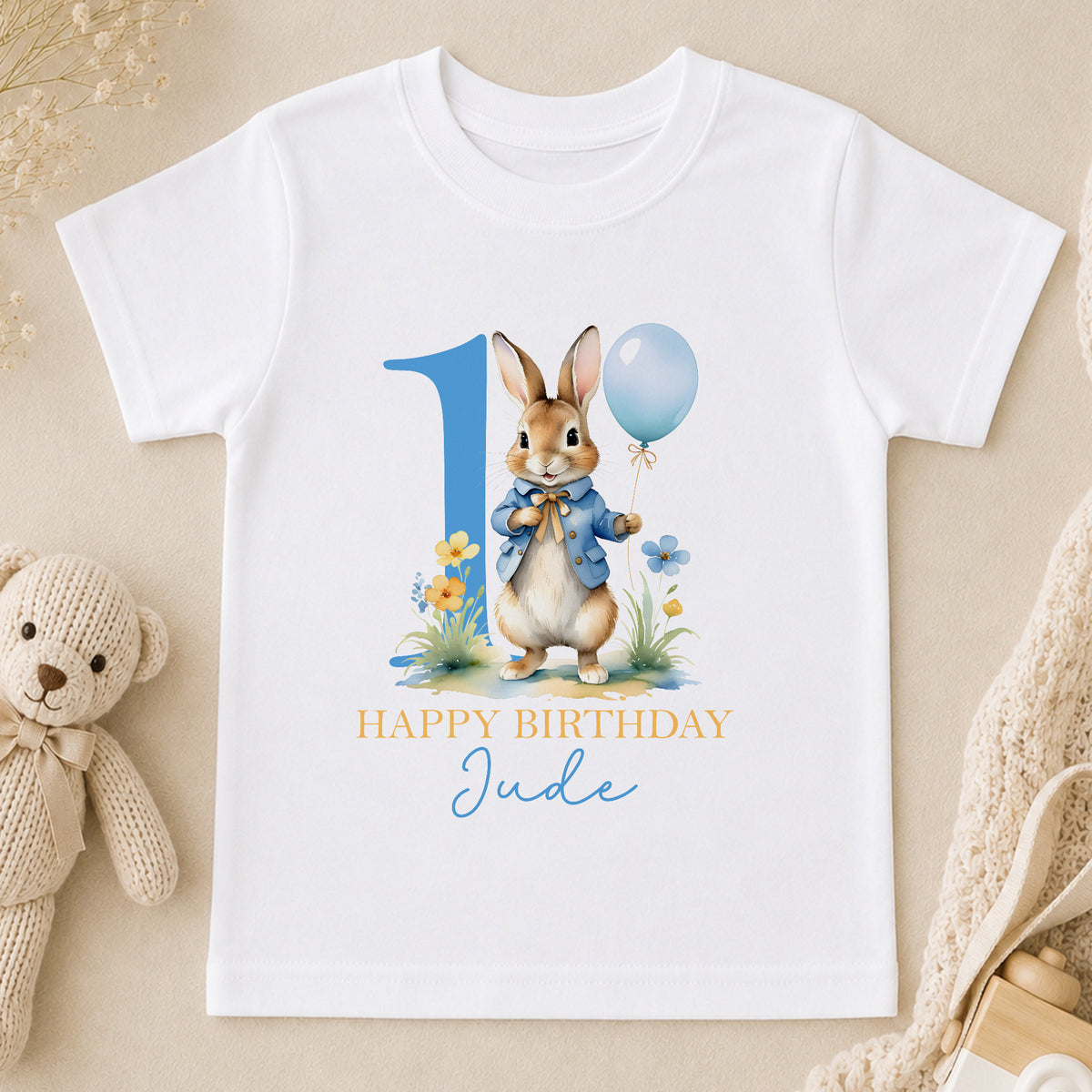 Personalised Blue Rabbit Happy Birthday Baby t-shirt