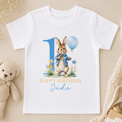 Personalised Blue Rabbit Happy Birthday Baby t-shirt