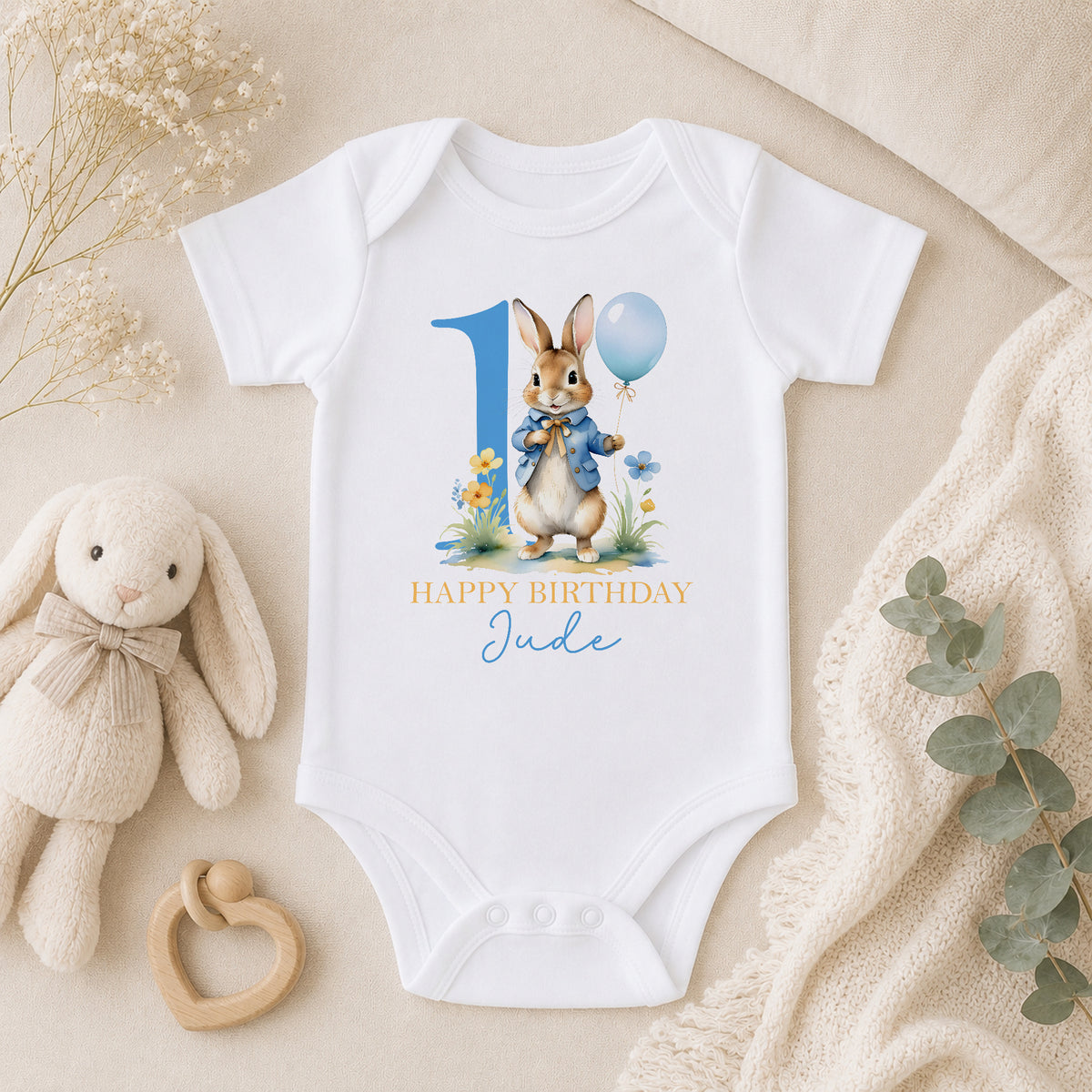 Personalised Blue Rabbit Happy Birthday Baby baby vest