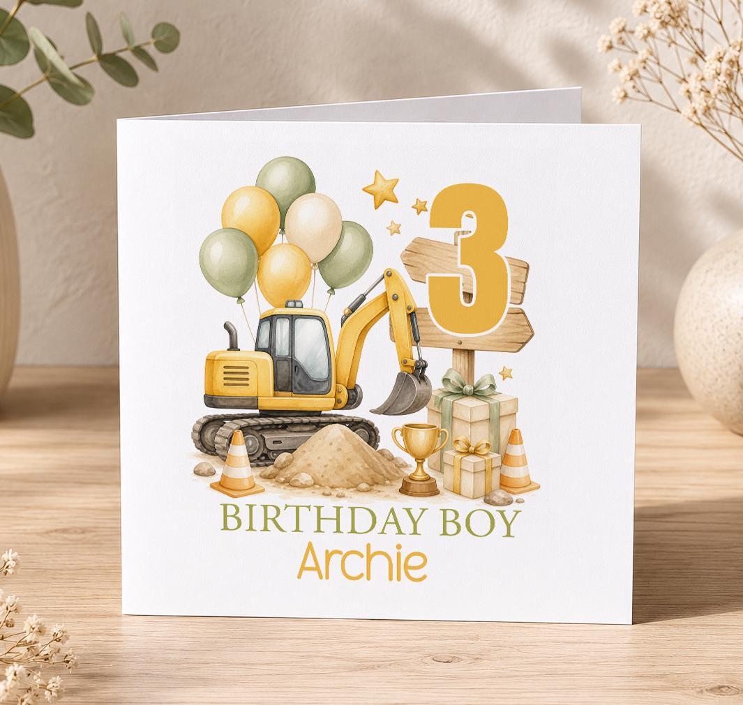 Personalised digger birthday card – yellow digger with traffic cones, balloons and a gold 3, Birthday Boy Archie