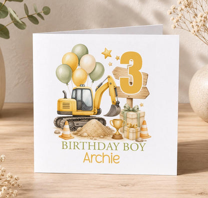 Personalised digger birthday card – yellow digger with traffic cones, balloons and a gold 3, Birthday Boy Archie