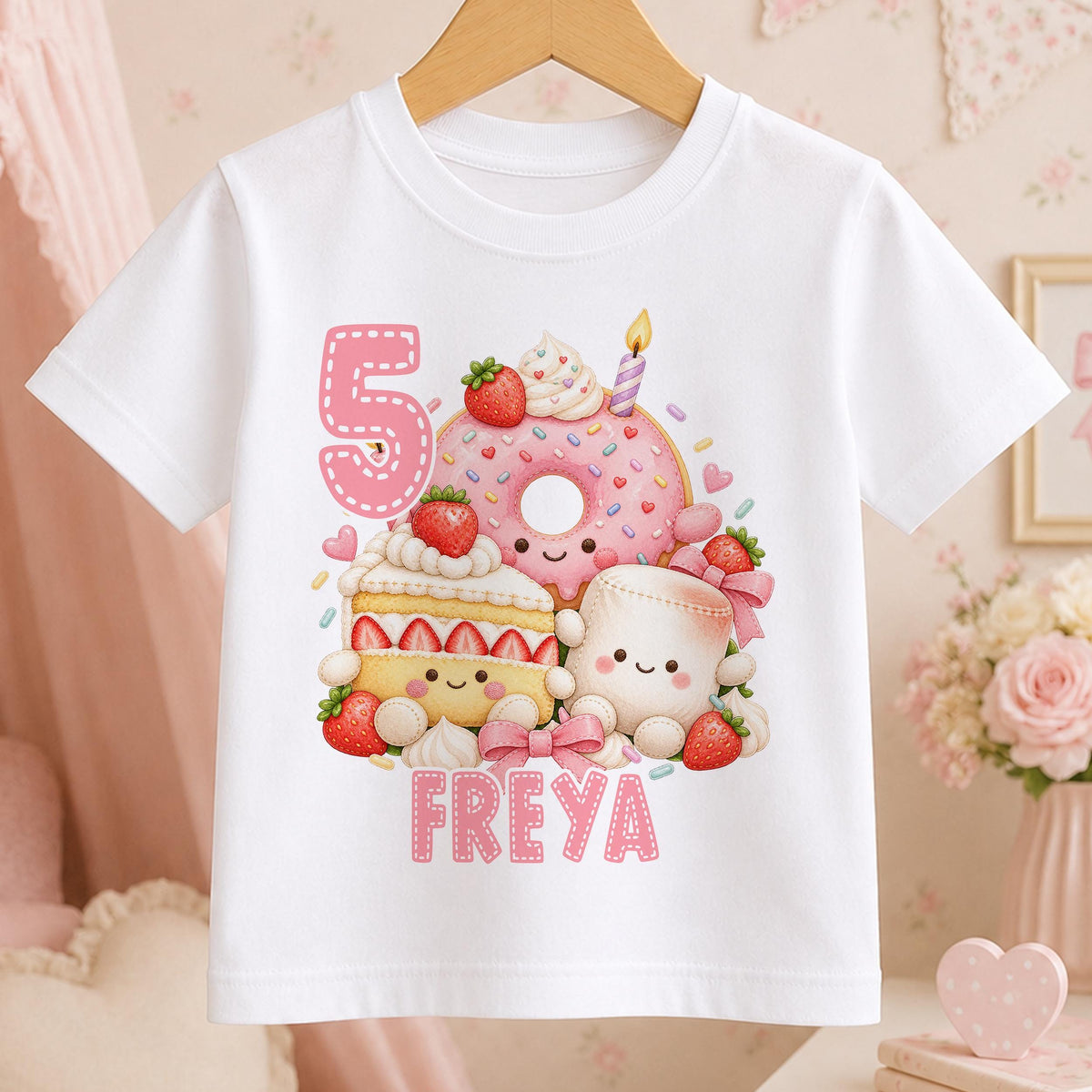 Personalised kawaii strawberry doughnut birthday t-shirt – white tee with sprinkle doughnut, strawberry cake and marshmallow, pink age number 5 and the name Freya