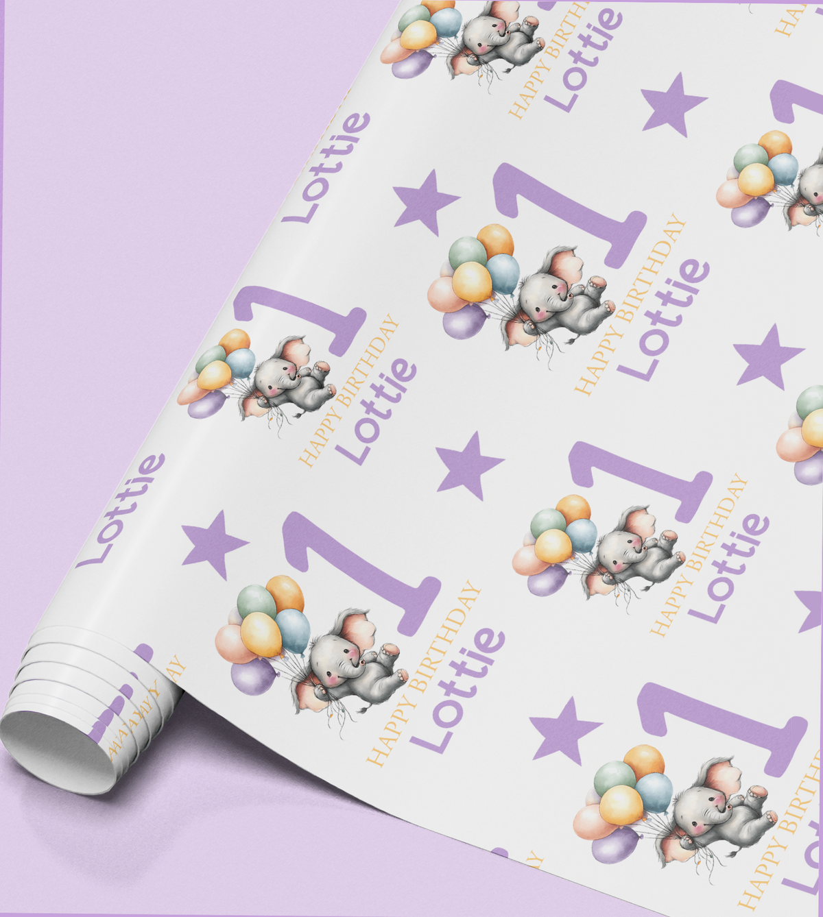 Roll of personalised purple elephant 1st birthday wrapping paper printed with a name