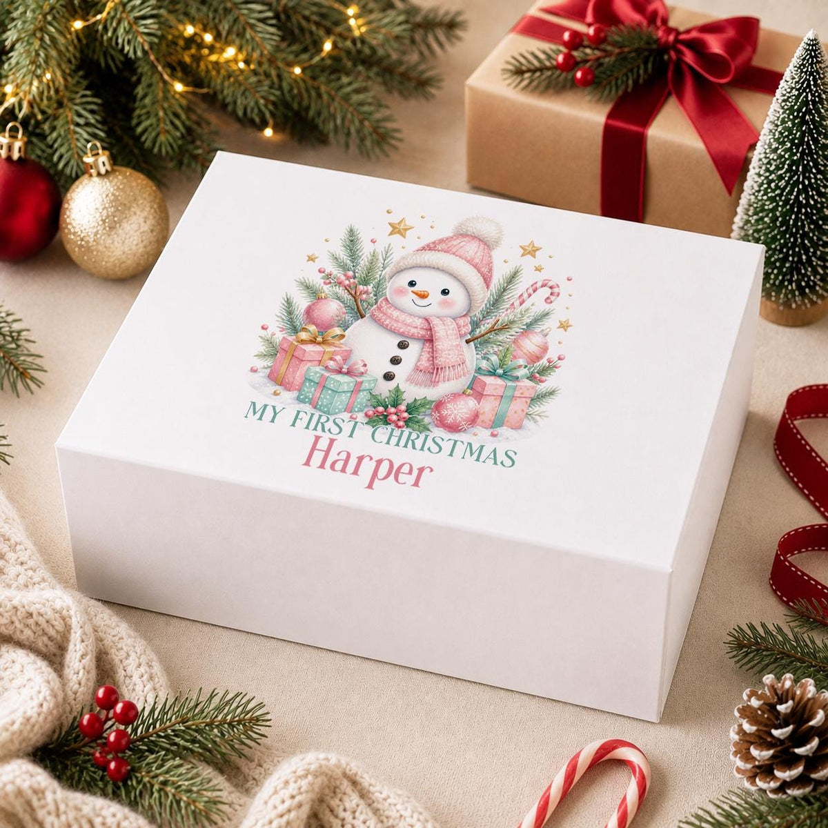 Personalised Christmas Eve Box – Snowman in Pink Hat, Baby First Christmas
