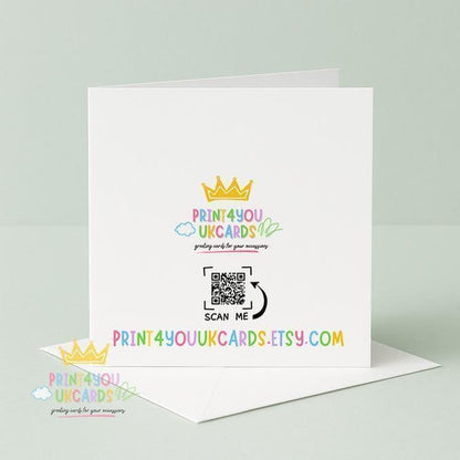Back of the card with the Print4You UK Cards logo and QR code, shown with its white envelope