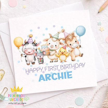 Front view of the farmyard friends 1st birthday keepsake card for a son on a plain background.