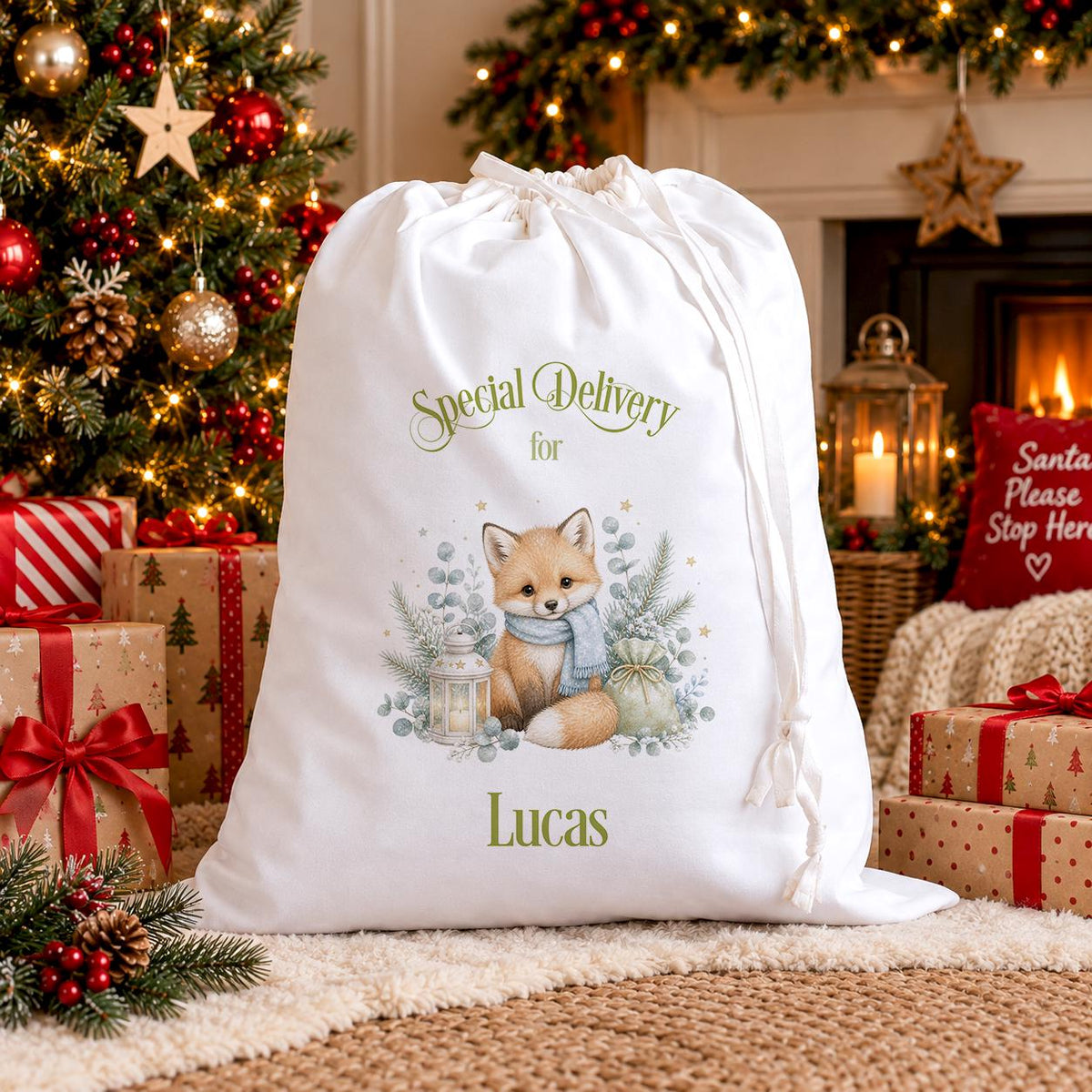 Personalised Christmas Eve Sack – Baby Fox Santa Sack with Name, Sage Green