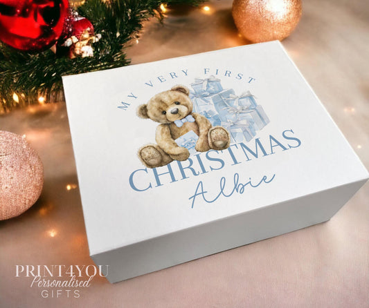 Personalised white Christmas Eve keepsake box with magnetic closure, printed with a custom name and Blue Teddy Bear design for baby's first Christmas, Medium 16x20x8cm size shown