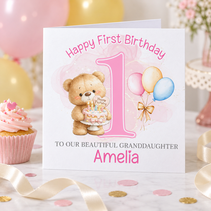 Personalised 1st Birthday Card — Pink Teddy Bear Keepsake for a Granddaughter – card mockup