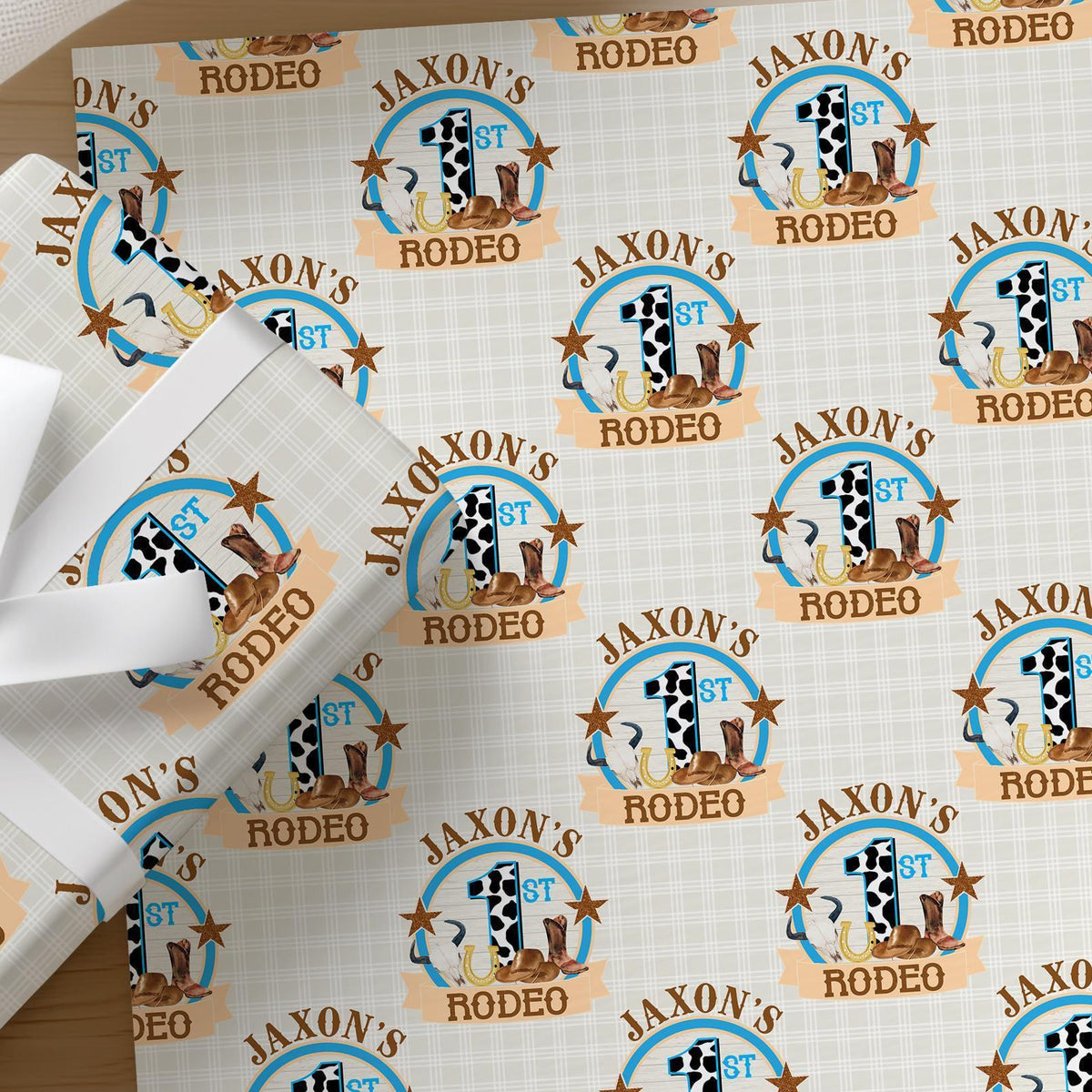 Roll of personalised western cowboy wrapping paper with an example name printed on the design