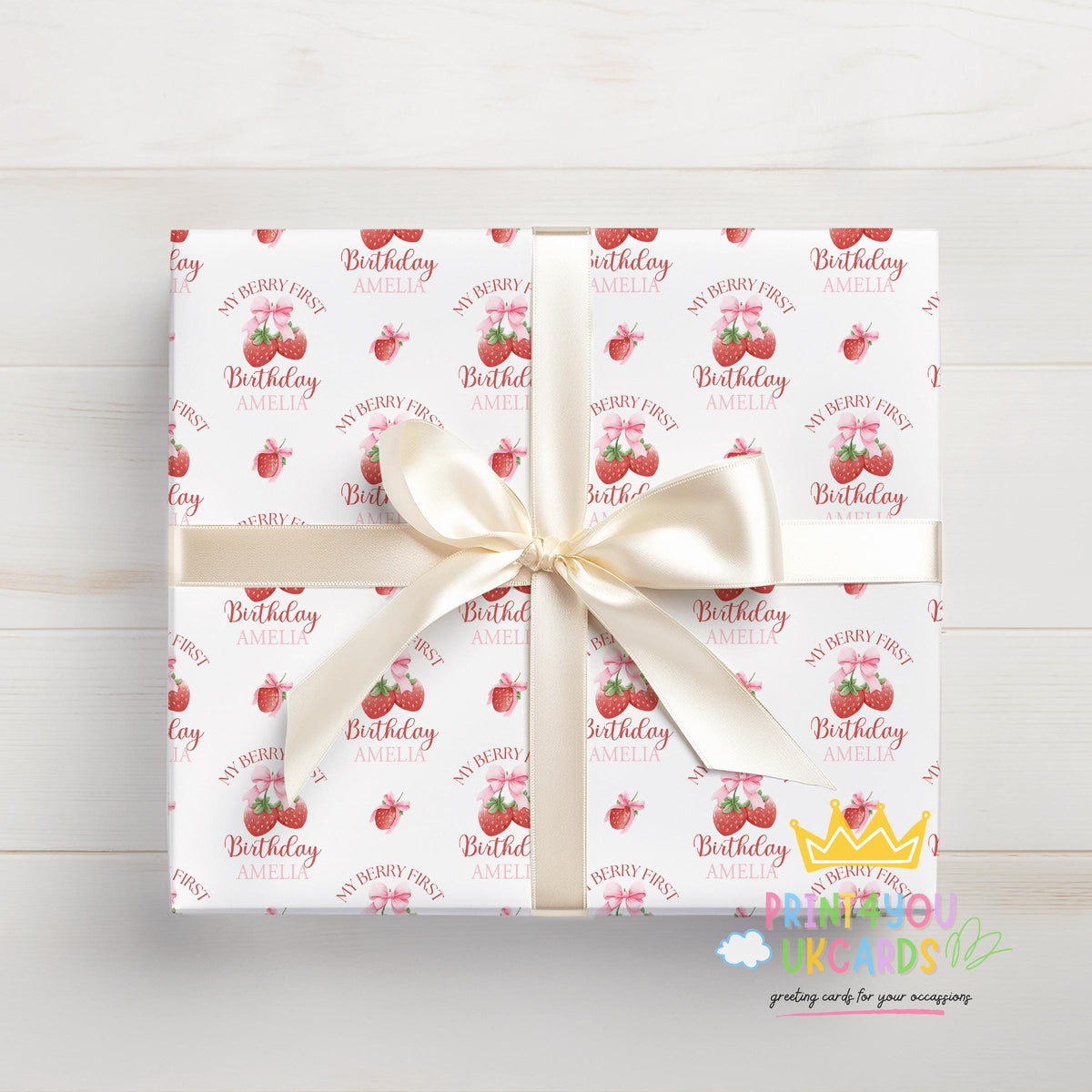 Personalised strawberry baby girl wrapping paper printed to order