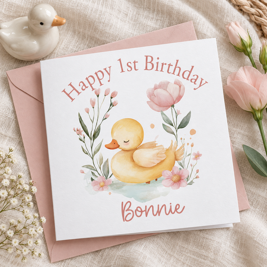 Personalised Duck Theme First Birthday Card – card mockup
