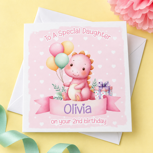 Personalised Girls Dinosaur Birthday Card – card mockup